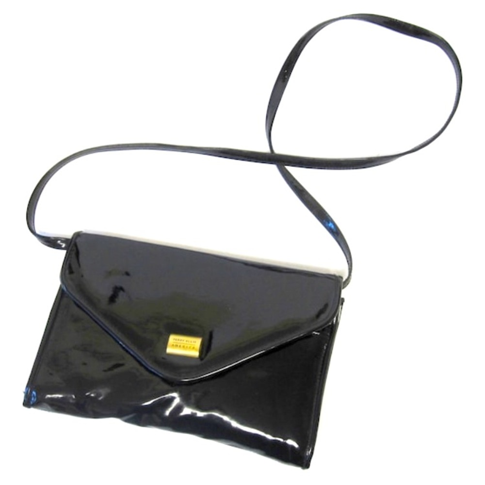 Vintage Glossy Black Purse Perry Ellis Envelope Clutch Shoulder Bag P13